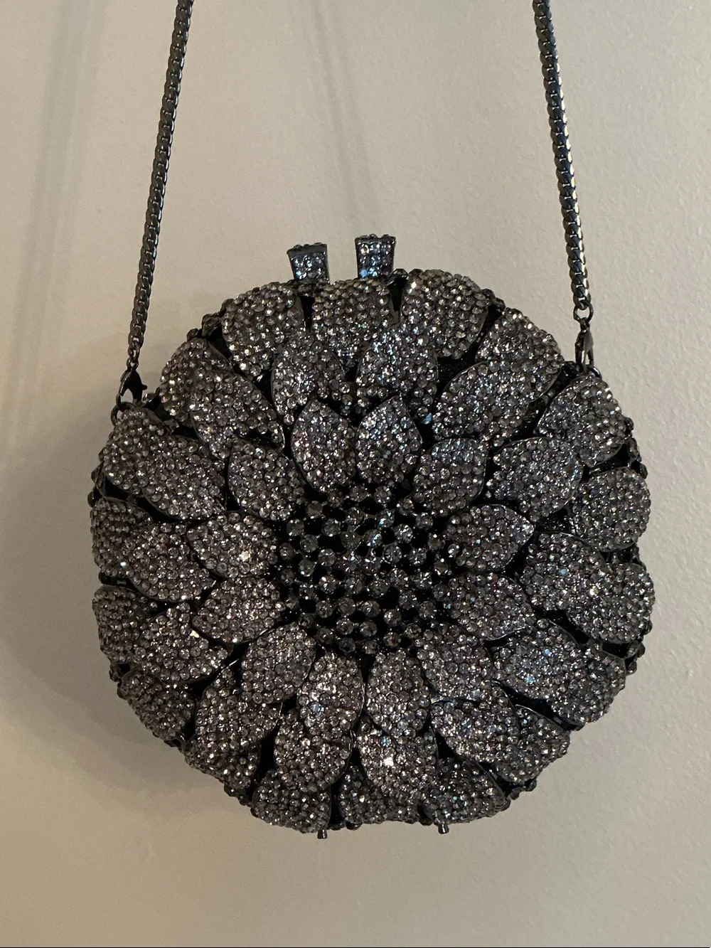 NWT Off Park Collection Designer Gun Metal Crystal Flower Evening Bag Clutch 6”
